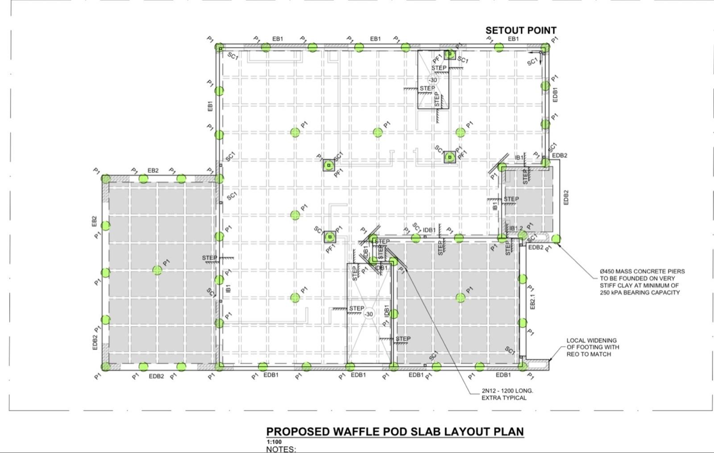 Proposed waffle pod slab layout plan — structural engineering drawing showing pier positions, edge beams, and setout points