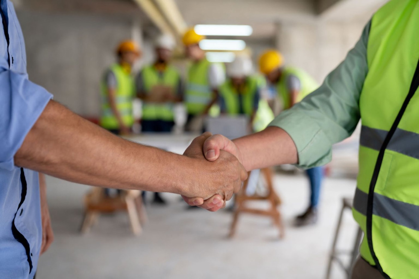 Handshake on site at slab handover — full documentation package delivered